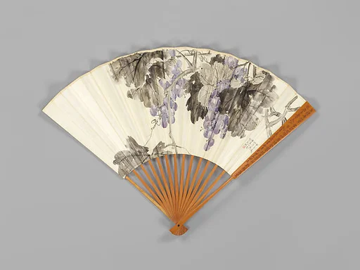 現代 金西厓刻扇骨,金城繪葡萄,陳寳琛小楷書 成扇|Carved fan, grapevines and calligraphy