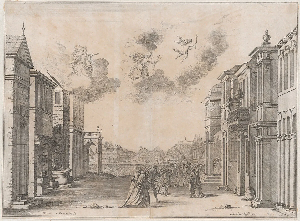 Figures gathered at a seaport as a ship arrives; set design from 'Il Fuoco Eterno' — Ludovico Ottaviano Burnacini|Mathäus Küsel