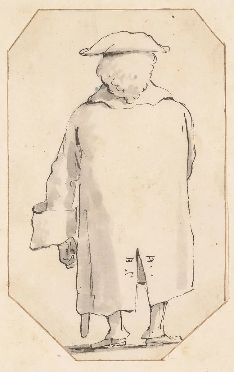 Caricature of a Man Wearing a Wig and a Tricorne, Seen from Behind — Giovanni Battista Tiepolo