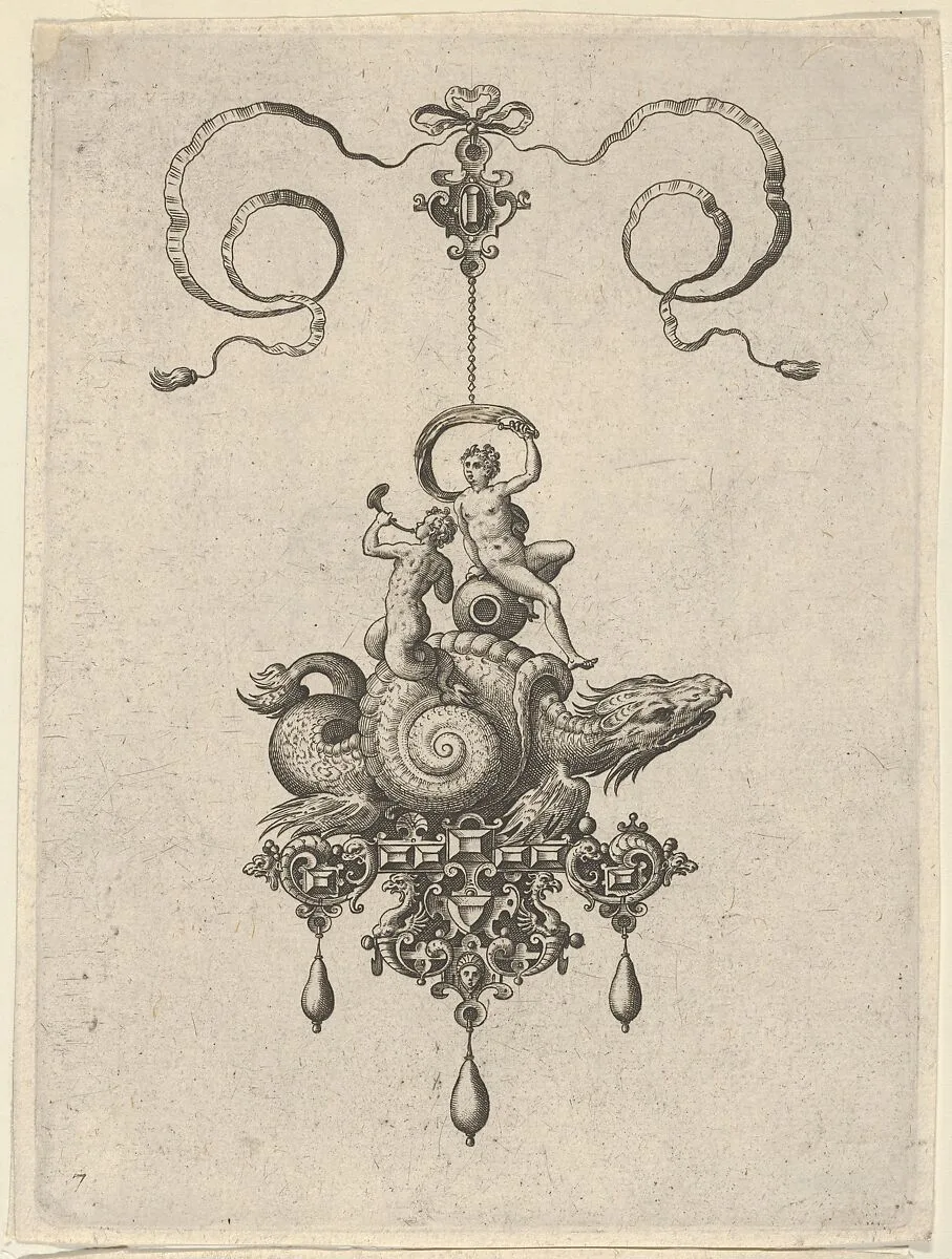 Pendant Design with a Sea Monster in a Shell Carrying a Triton and a Woman with a Sail — Jan Collaert I|Philips Galle|Adriaen Collaert