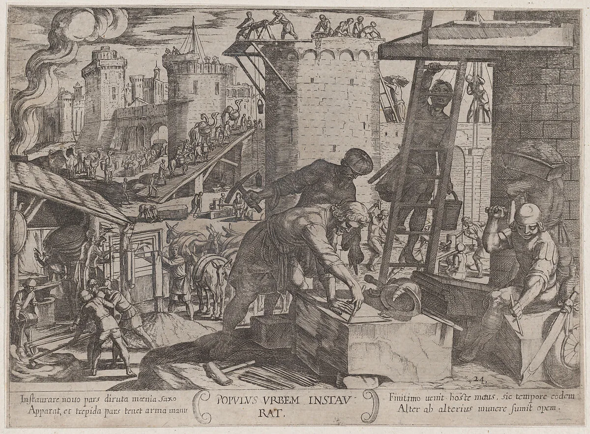 Plate 24: The Israelites Rebuilding the Walls of Jerusalem, from 'The Battles of the Old Testament' — Antonio Tempesta|Nicolaus van Aelst