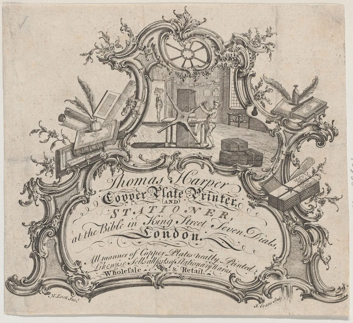 Trade Card for Thomas Harper, Copper Plate Printer and Stationer — Anonymous, British, 18th century