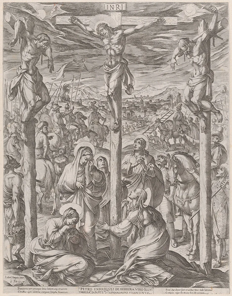 Christ crucified between the two thieves, the three maries at the foot of the cross — Antonio Tempesta