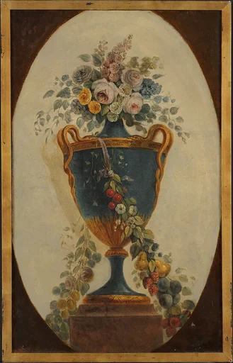 Vase of Flowers Draped with Garlands