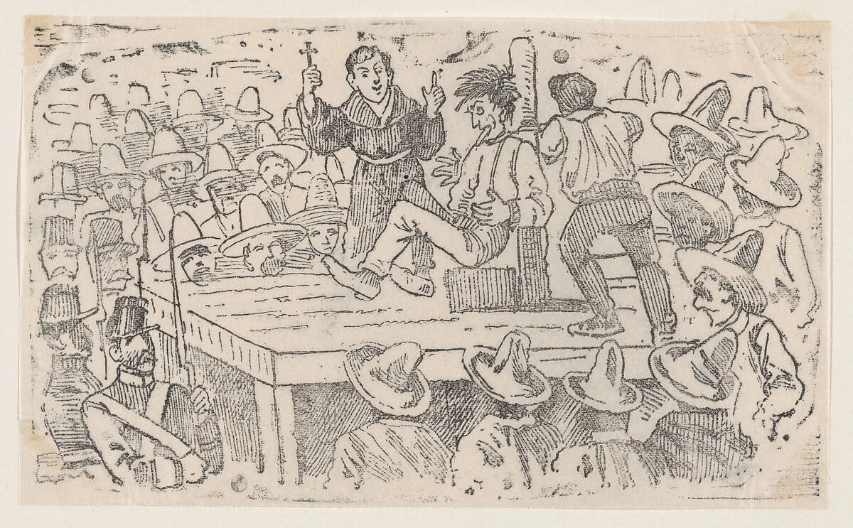 A man executed by garroting in the town square at Mixalco — José Guadalupe Posada