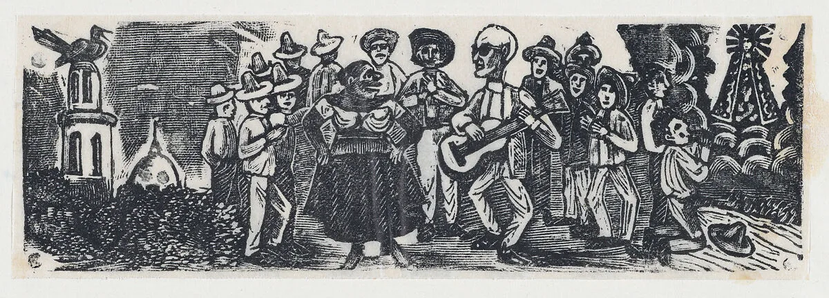 A man playing a guitar serenading a woman, figures surround — José Guadalupe Posada