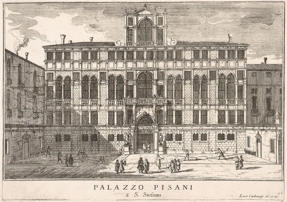 Plate 96: View of the facade of the Pisani Palace in Campo Santo Stefano, Venice, 1703, from "The buildings and views of Venice" (Le fabriche e vedute di Venezia) — Luca Carlevaris