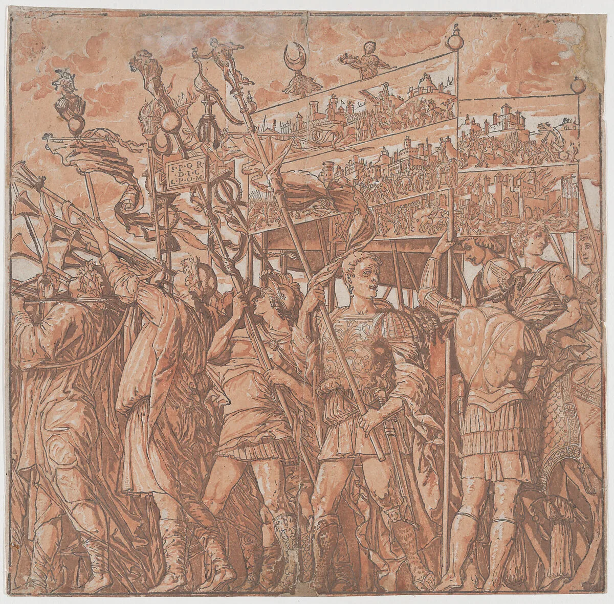 Sheet 1: Roman soldiers carrying banners depicting the triumphant victories of Julius Caesar, from "The Triumph of Julius Caesar" — Andrea Andreani|Andrea Mantegna|Bernardo Malpizzi