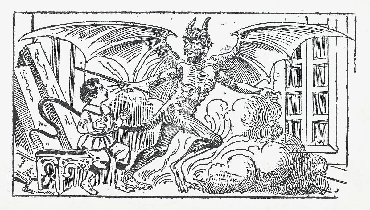 A young boy cowering from a demon, illustration from 'El Cuento Niño de Dulce' — José Sanchez|José Guadalupe Posada