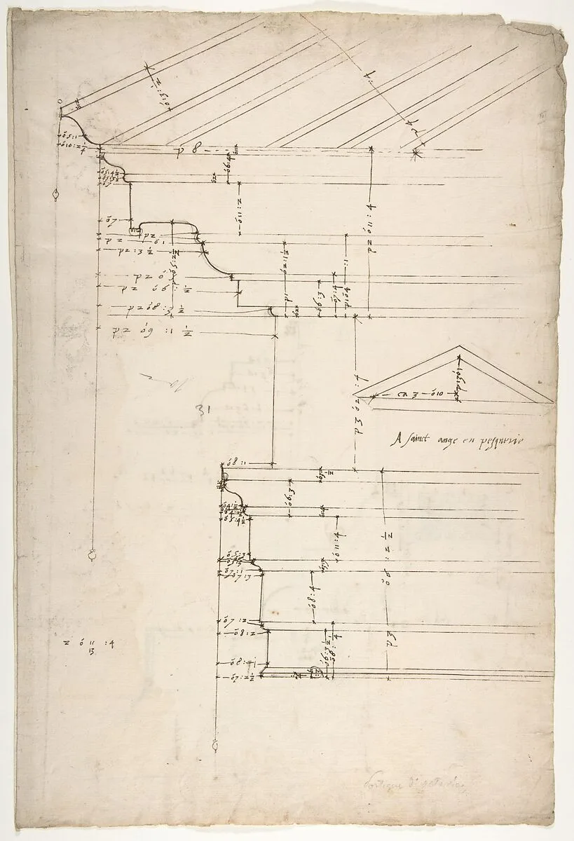 Portico Octavia, pediment and entablature, elevation; pediment, elevation (recto) Temple of Antoninus and Faustina, entablature, elevation (verso) — Anonymous, French, 16th century