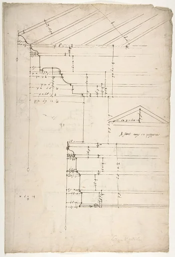 Portico Octavia, pediment and entablature, elevation; pediment, elevation (recto) Temple of Antoninus and Faustina, entablature, elevation (verso)