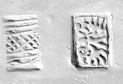 Stamp seal (grooved tabloid) with three-figure contest scene and geometric design — Unknown