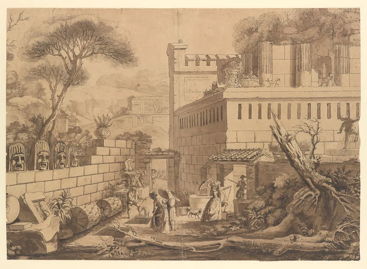 Visitors Inspecting Classical Ruins — Louis Jean Desprez