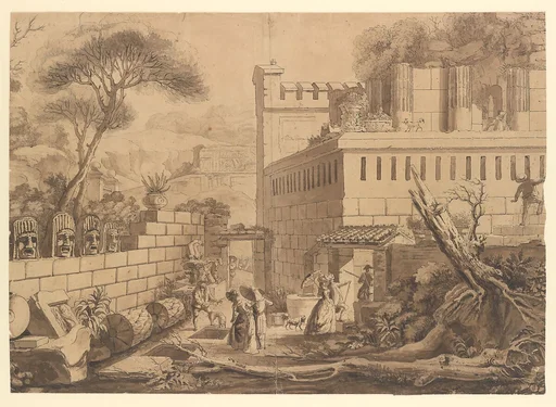 Visitors Inspecting Classical Ruins