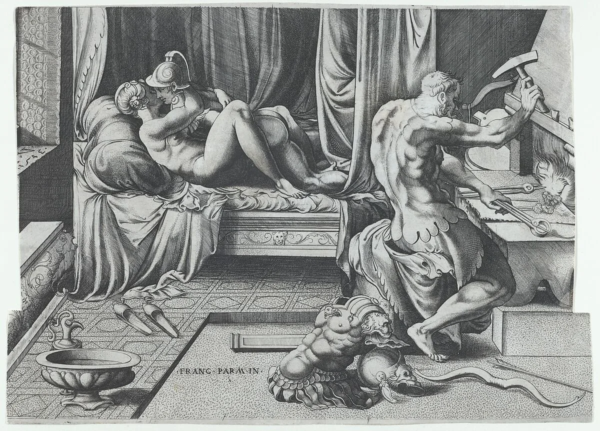 Venus and Mars Embracing as Vulcan Works at His Forge — Enea Vico|Parmigianino (Girolamo Francesco Maria Mazzola)