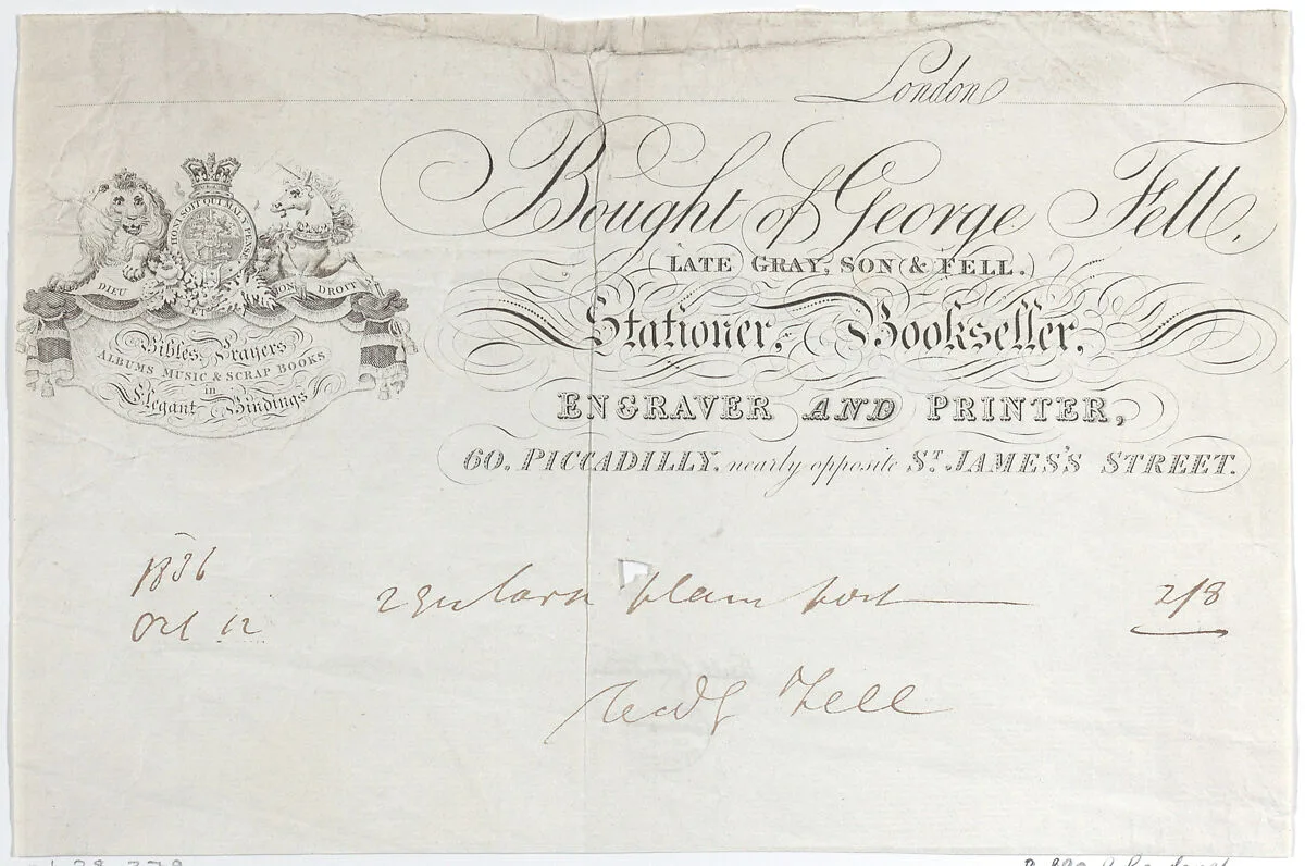 Trade Card for George Fell, Stationer, Bookseller, Engraver and Printer — Anonymous, British, 19th century