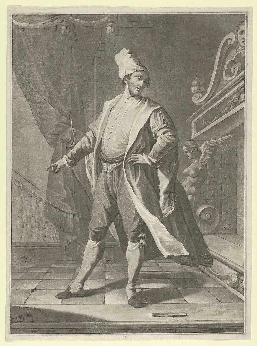 Man in Venetian costume standing before a large fireplace, right arm outstretched — Anonymous, Italian, 18th or early 19th century