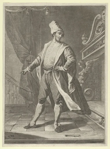 Man in Venetian costume standing before a large fireplace, right arm outstretched