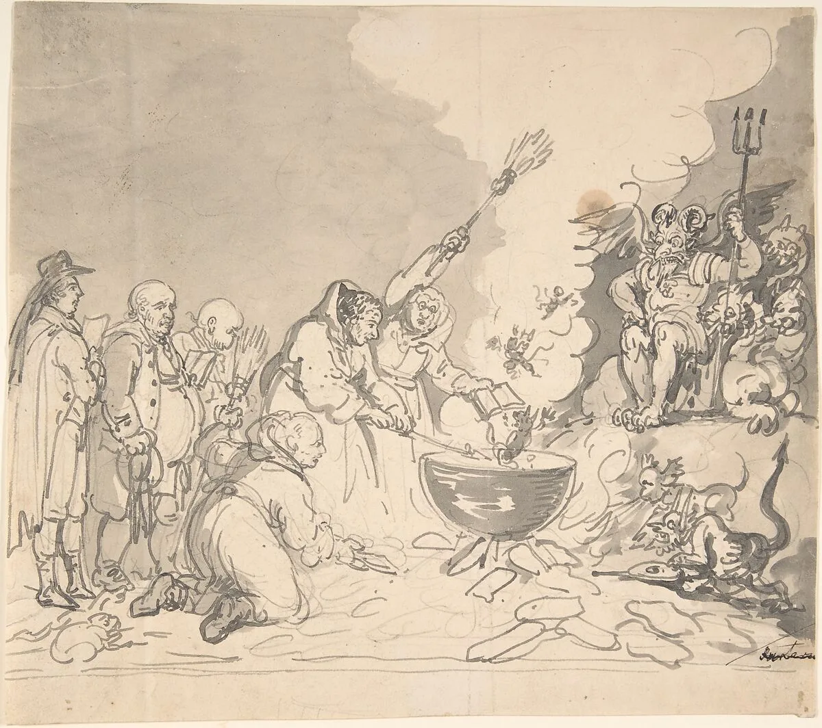 Study for "A charm for democracy, reviewed, analyzed, and destroyed January 1, 1799" (recto and verso) — Thomas Rowlandson|Charles Howard, 11th Duke of Norfolk|Francis Russell, 5th Duke of Bedford|John Horne Tooke|Dr. Samuel Parr|Rev. Joseph Towers|Edward Smith-Stanley, 12th Earl of Derby