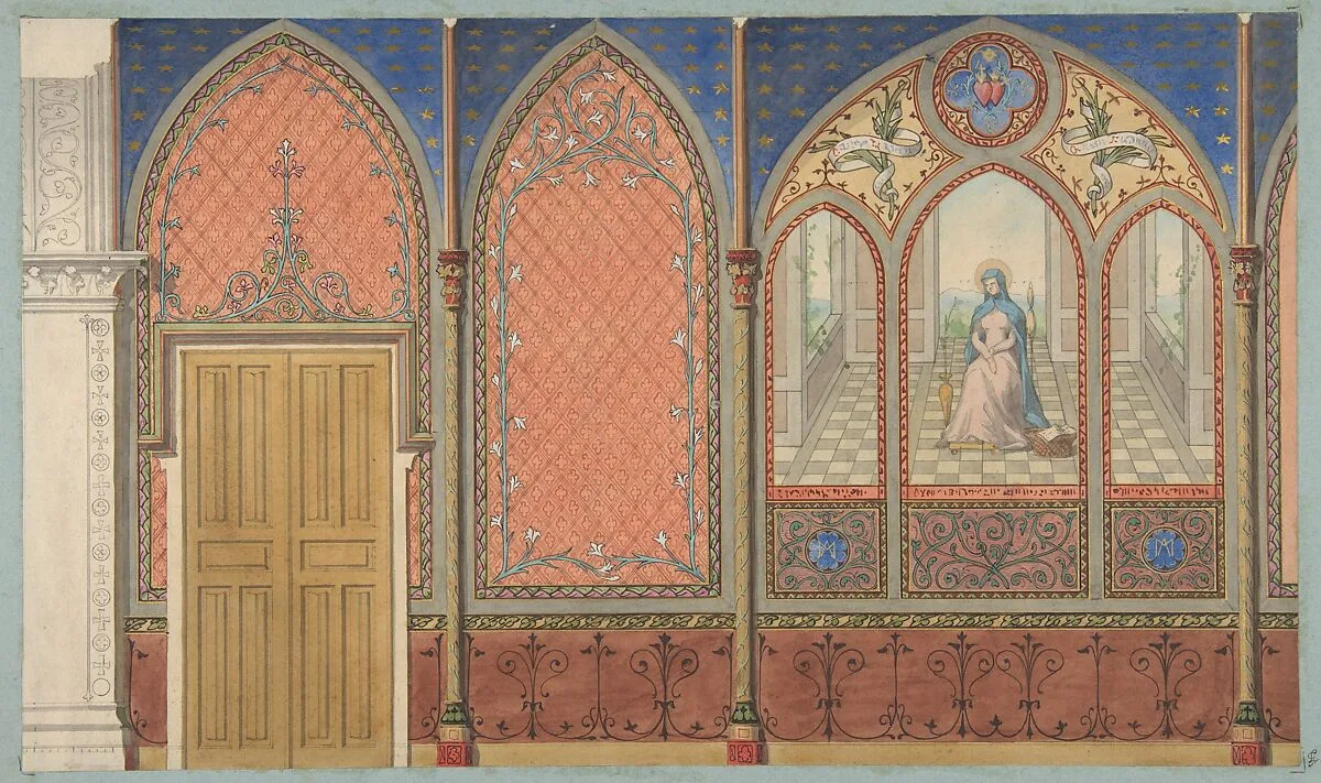 Elevation of a Church or Chapel with designs for ornament and a painted triptych of the Virgin Mary — Jules-Edmond-Charles Lachaise|Eugène-Pierre Gourdet