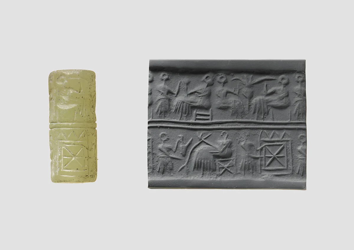 Cylinder seal and modern impression: banquet scene with seated figures drinking a liquid through straws — Unknown
