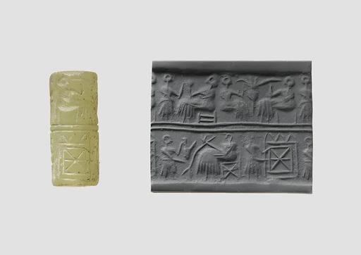 Cylinder seal and modern impression: banquet scene with seated figures drinking a liquid through straws