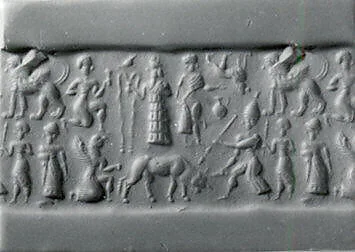 Cylinder seal and modern impression: man spearing bull; griffin demon; deities above — Unknown