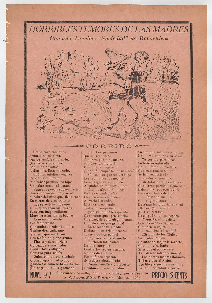 Broadsheet relating to a fear of kidnappers, a kidnapper grabbing a child in a field while a horse carriage waits in the background — Antonio Vanegas Arroyo|José Guadalupe Posada