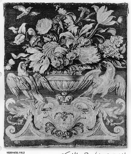 Flowers in a golden vase, with three birds