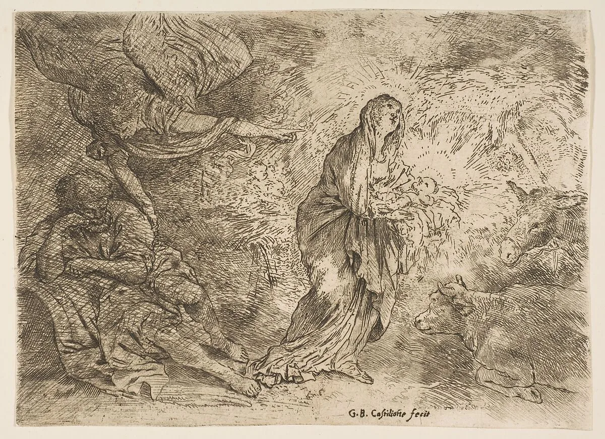 The angel awakening Joseph to the presence of the Virgin and Child — Giovanni Benedetto Castiglione (Il Grechetto)