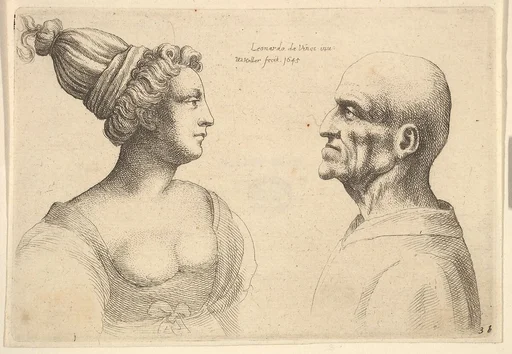 A female with hair tied back and a bald male facing each other
