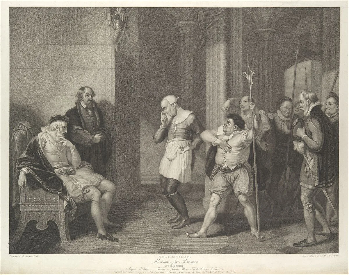 Angelo's House–Escalus, a Justice, Elbow, Froth, Clown, Officers, etc. (Shakespeare, Measure for Measure, Act 2, Scene 1) — Thomas Ryder I|John & Josiah Boydell|Charles Gauthier Playter|Robert Smirke|William Shakespeare