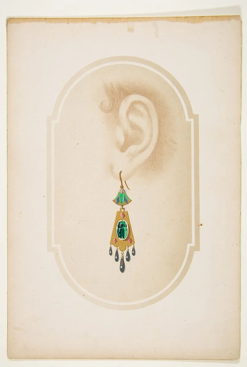Design for an earring with a green scarab — Anonymous, French, 19th century