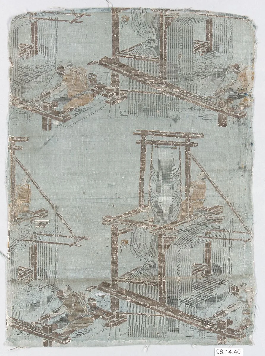 高機模様裂|Textile fragment with incomplete repeating pattern of loom, weaver, and drawboy — Unknown