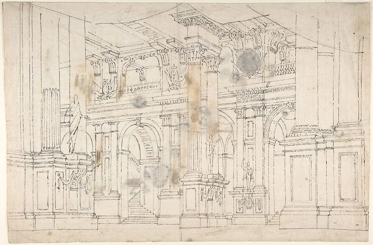 Outline Drawing: Stage Set Design for a Performance of "Iphigenia". Verso: Two Designs for Palace Interiors. — Fabrizio Galliari