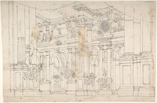 Outline Drawing: Stage Set Design for a Performance of "Iphigenia". Verso: Two Designs for Palace Interiors.