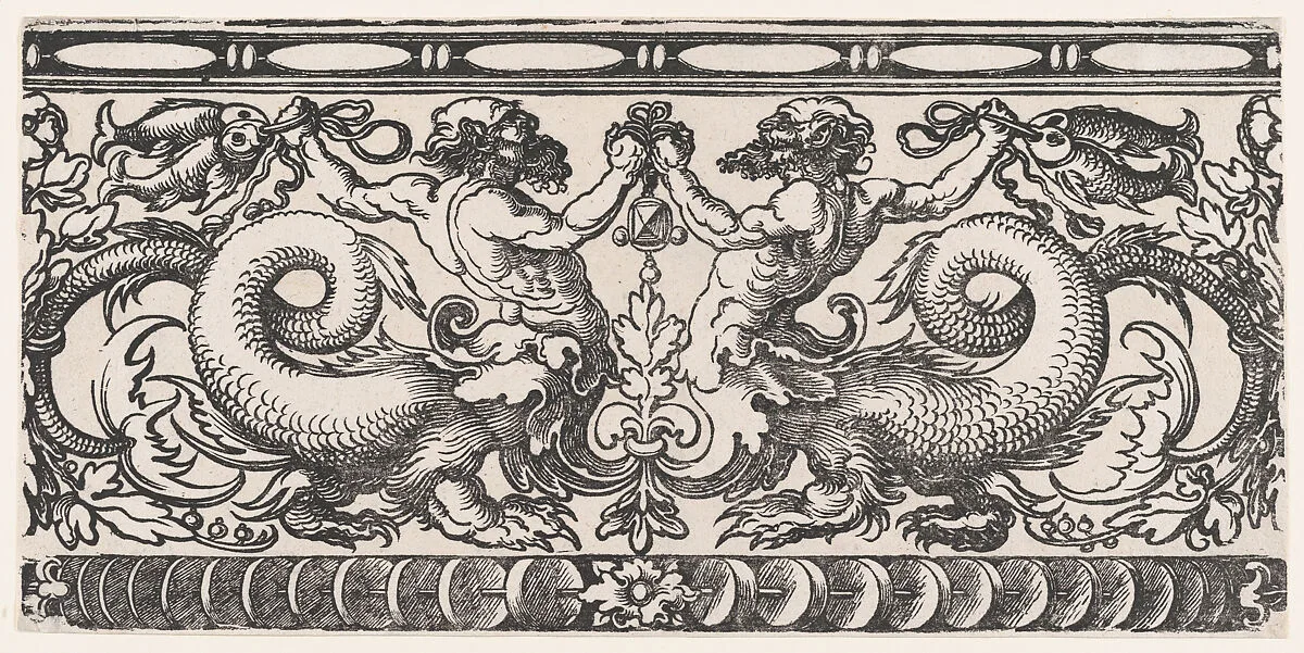 Symmetric Ornamental Frieze with Two Fighting Hybridic Creatures (Half Satyr, Half Dragon) holding Fish — Sebald Beham|Dürer-School