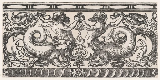 Symmetric Ornamental Frieze with Two Fighting Hybridic Creatures (Half Satyr, Half Dragon) holding Fish