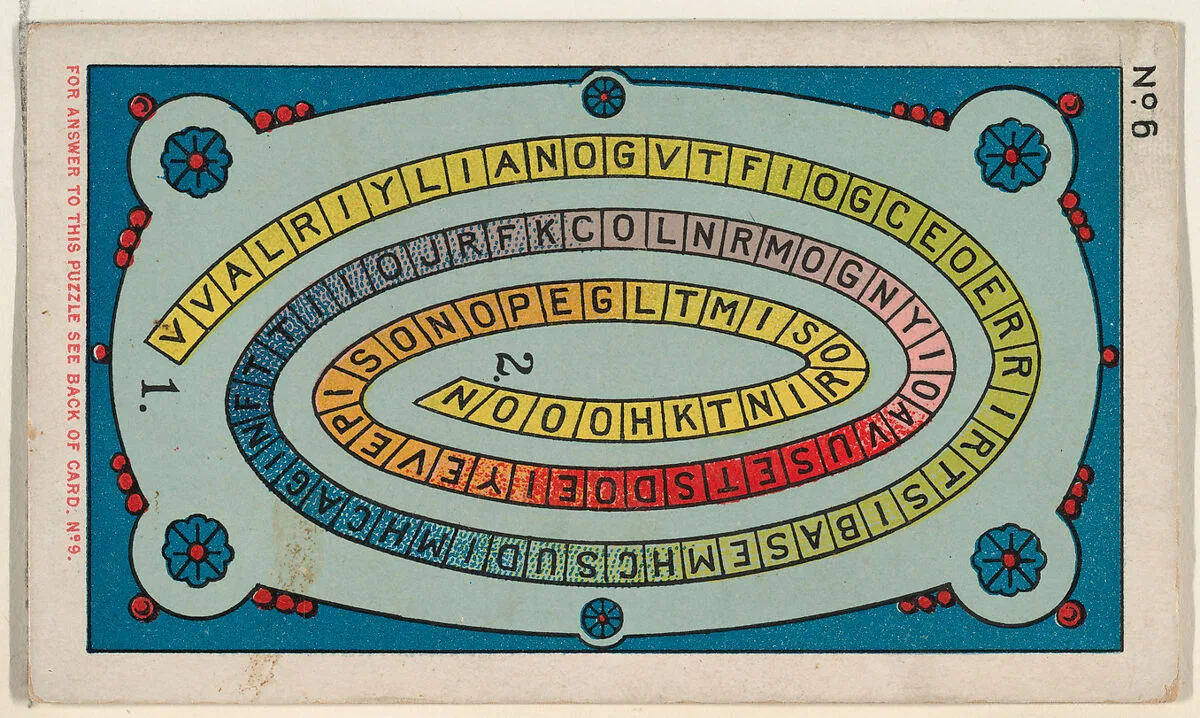 Puzzle Card Number 6, The "Ribbon" Puzzle, from the Jokes series (N118) issued by Duke Sons & Co. to promote Honest Long Cut Tobacco — Armstrong & Co.|W. Duke, Sons & Co.