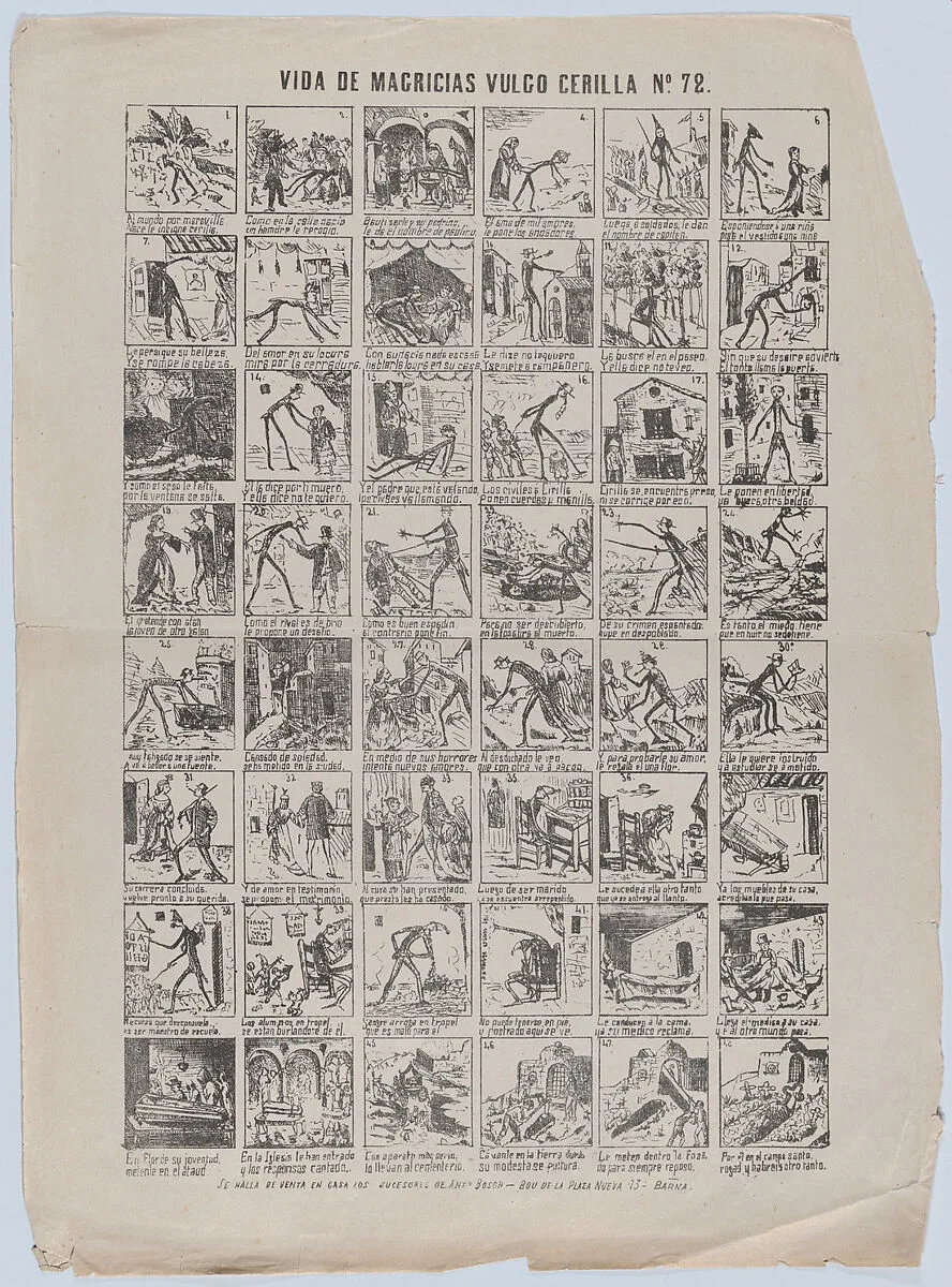 Broadside with 48 scenes depicting the life of Mr Thin — Antonio Bosch