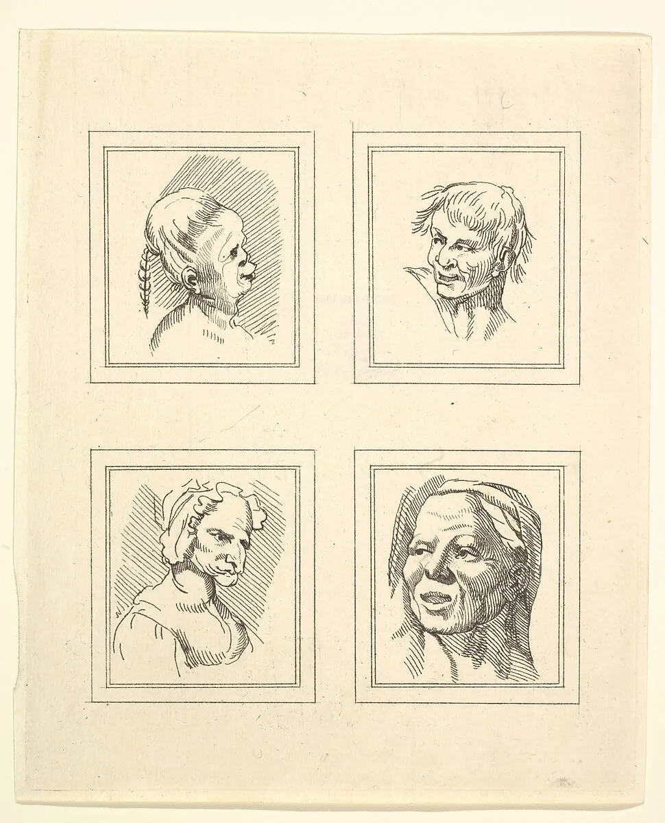 Four Heads (from Characaturas by Leonardo da Vinci, from Drawings by Wincelslaus Hollar, out of the Portland Museum) — John Clarke|Wenceslaus Hollar|Leonardo da Vinci