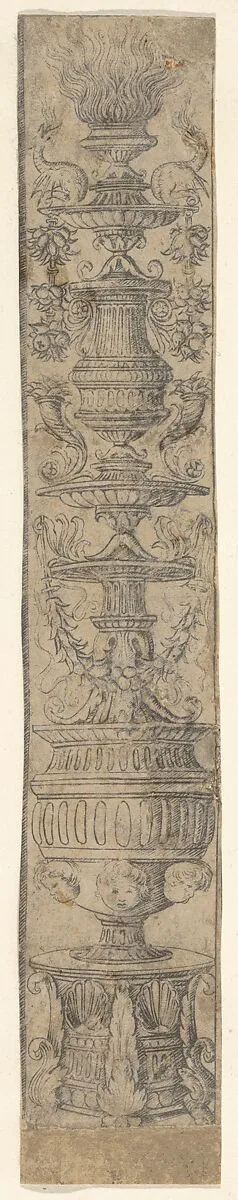 Decorative border panel with a flaming candelabra ornamented with shells, swags and heads of putti, from Life of the Virgin and Christ — Francesco Rosselli