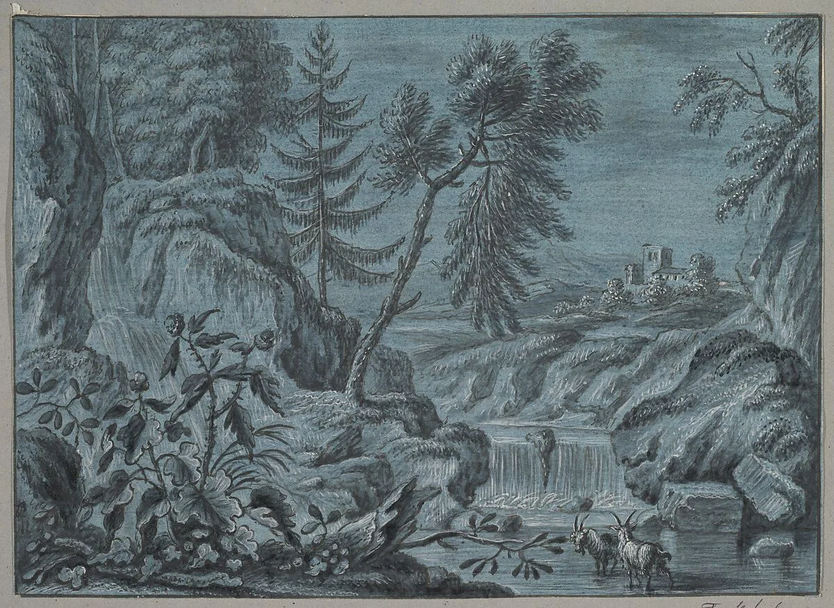 Southern Landscape with a Waterfall and Goats — Ferdinand Kobell