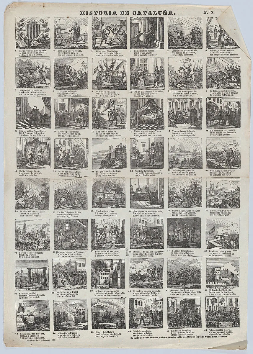 Broadside with 48 scenes representing the history of Catalonia — Antonio Bosch|Rodriguez