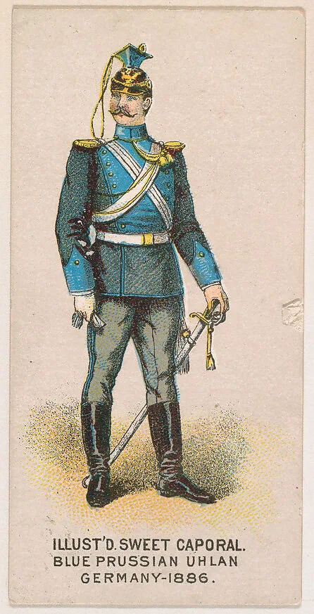 Blue Prussian Uhlan, Germany, 1886, from the Military Series (N224) issued by Kinney Tobacco Company to promote Sweet Caporal Cigarettes — Kinney Brothers Tobacco Company