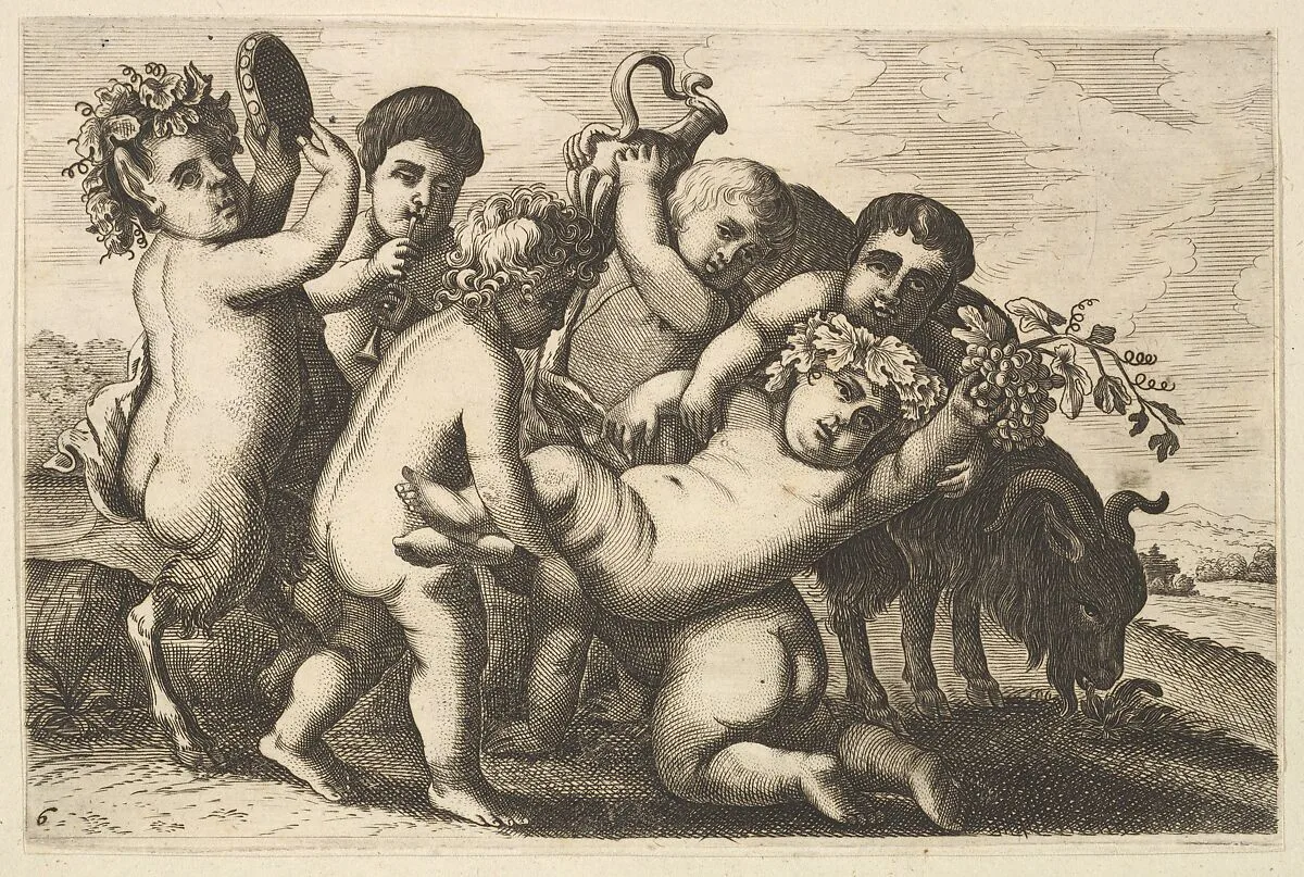 Five boys, two satyrs, and a goat (copy in reverse) — Wenceslaus Hollar|Pieter van Avont