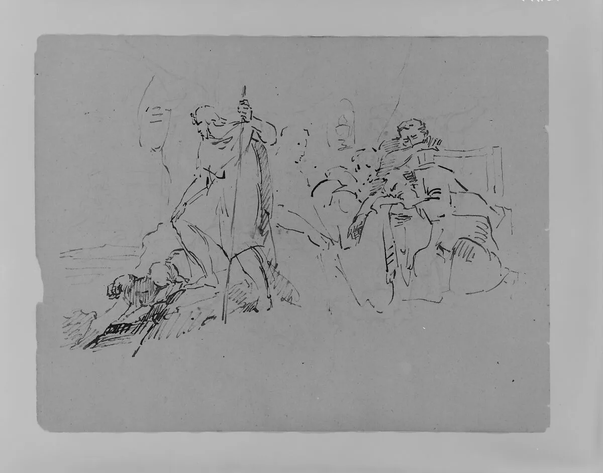 Man and Dog Overlooming Distant Landscape; Seated Man Collapsing, Attended by Three Figures (from Sketchbook) — Thomas Sully