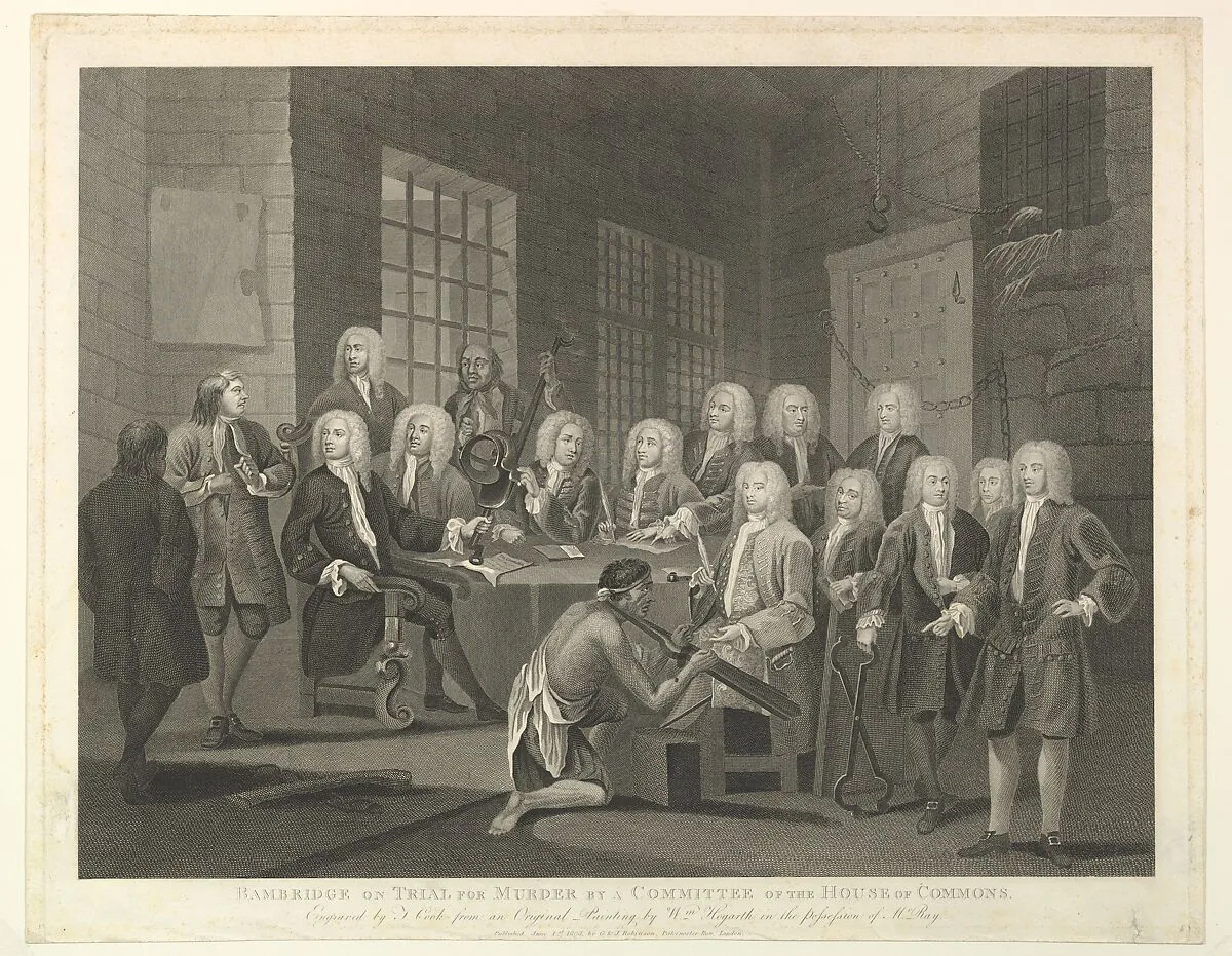 Bambridge on Trial for Murder by a Committee of the House of Commons — Thomas Cook|James Oglethorpe|Jacob Mendes da Sola|Thomas Bambridge|G. G. J. & J. Robinson|William Hogarth
