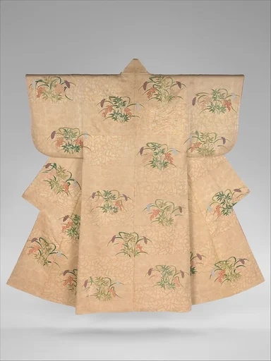 薄茶綾地唐松琴柱南天黍模様縫箔|Noh Costume (Nuihaku) with Millet and Nandina Berries on a Background of Pine Branches and Zither Bridges