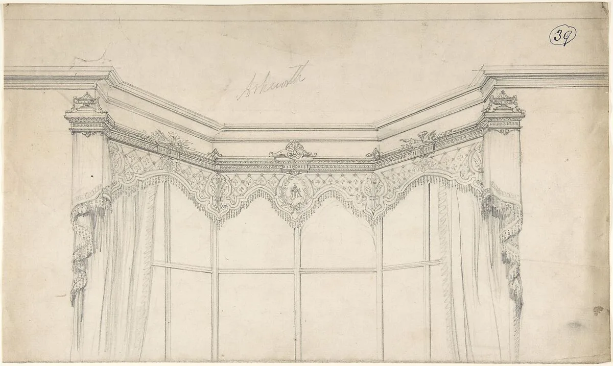 Partial Design for Bay Window with Monogrammed Curtains — Charles Hindley and Sons